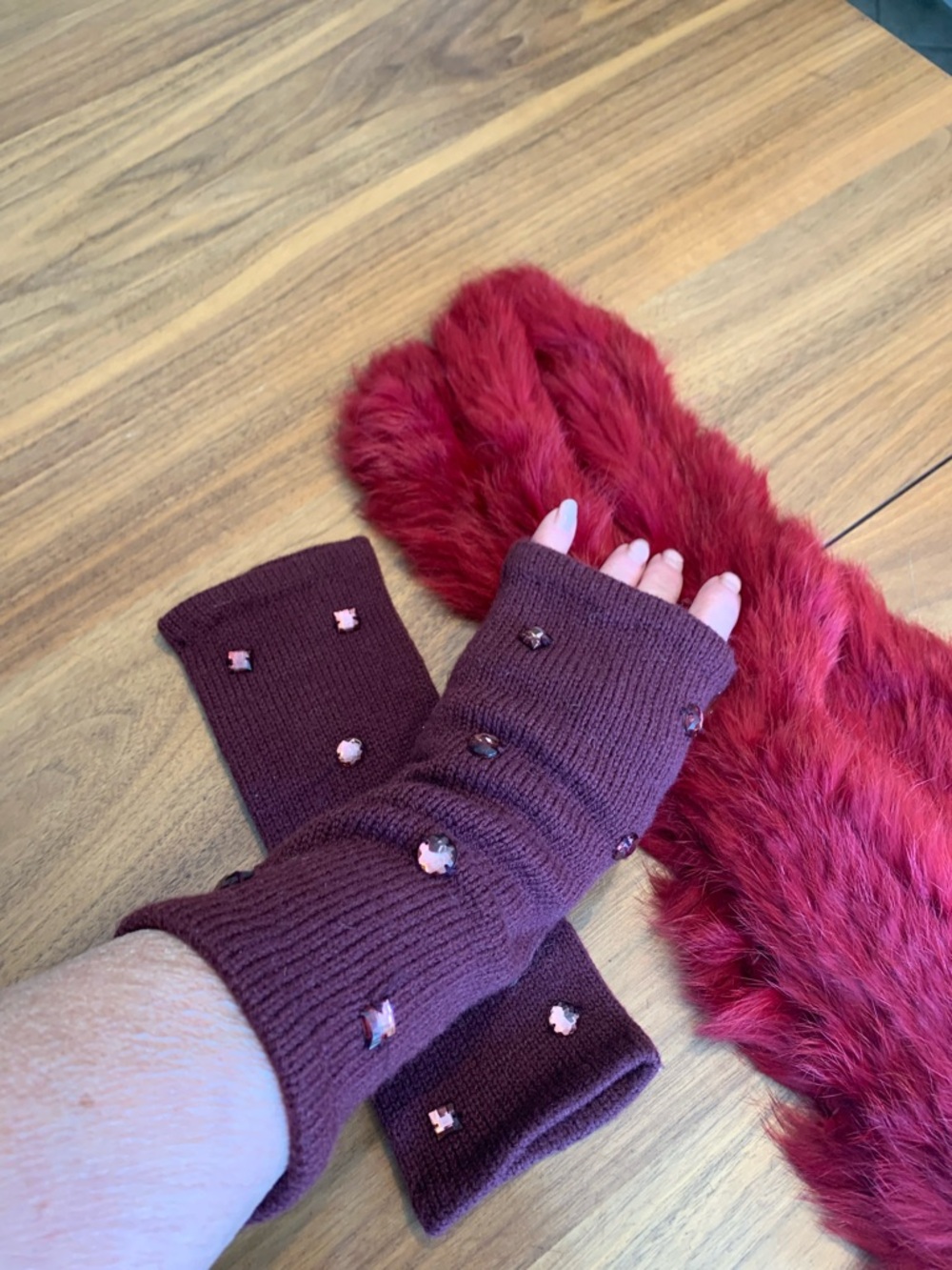 Rich deep red rabbit fur scarf/stole,wrap, burgundy knitted wrist cuff bundle.